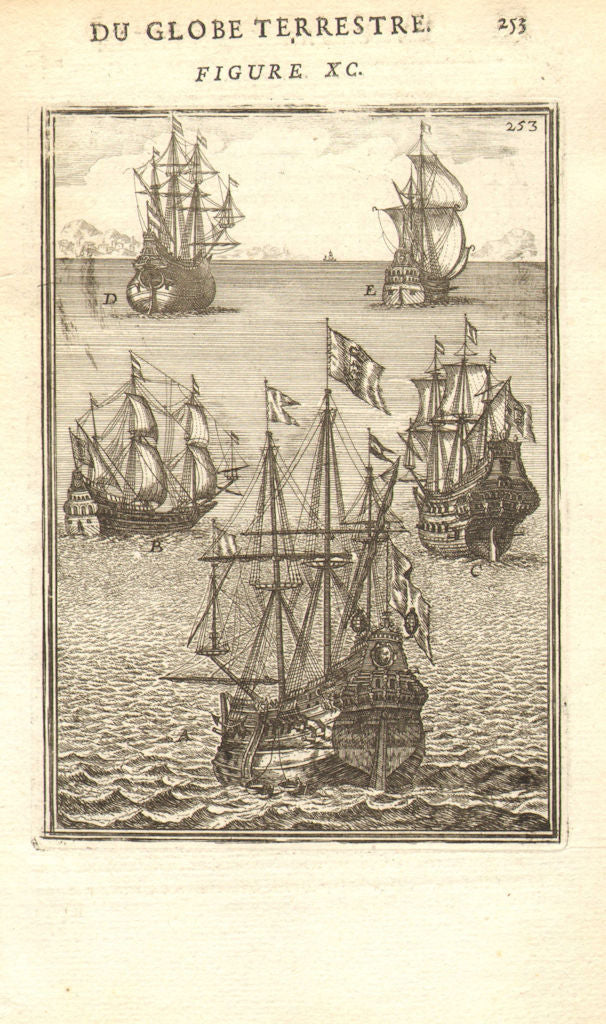 SHIPS. 'Vaisseaux' A-Galleon B-Frigate C-Carrack D-Pink E-Fireship. MALLET 1683